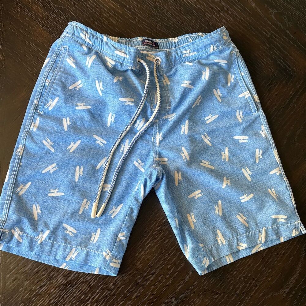 johnnie-O Boys Swim Shorts M SZ 8/10 Blue Surfboard‎ Print Summer Trunks
